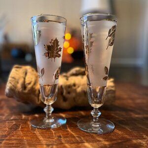 Vintage Libby Frosted Pilsners With Gold Leaf Design Set